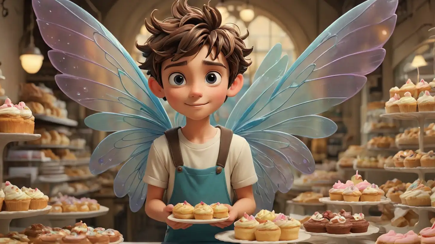 Boy Fairy with Large Wings in a Bakery Filled with Cakes and Cookies