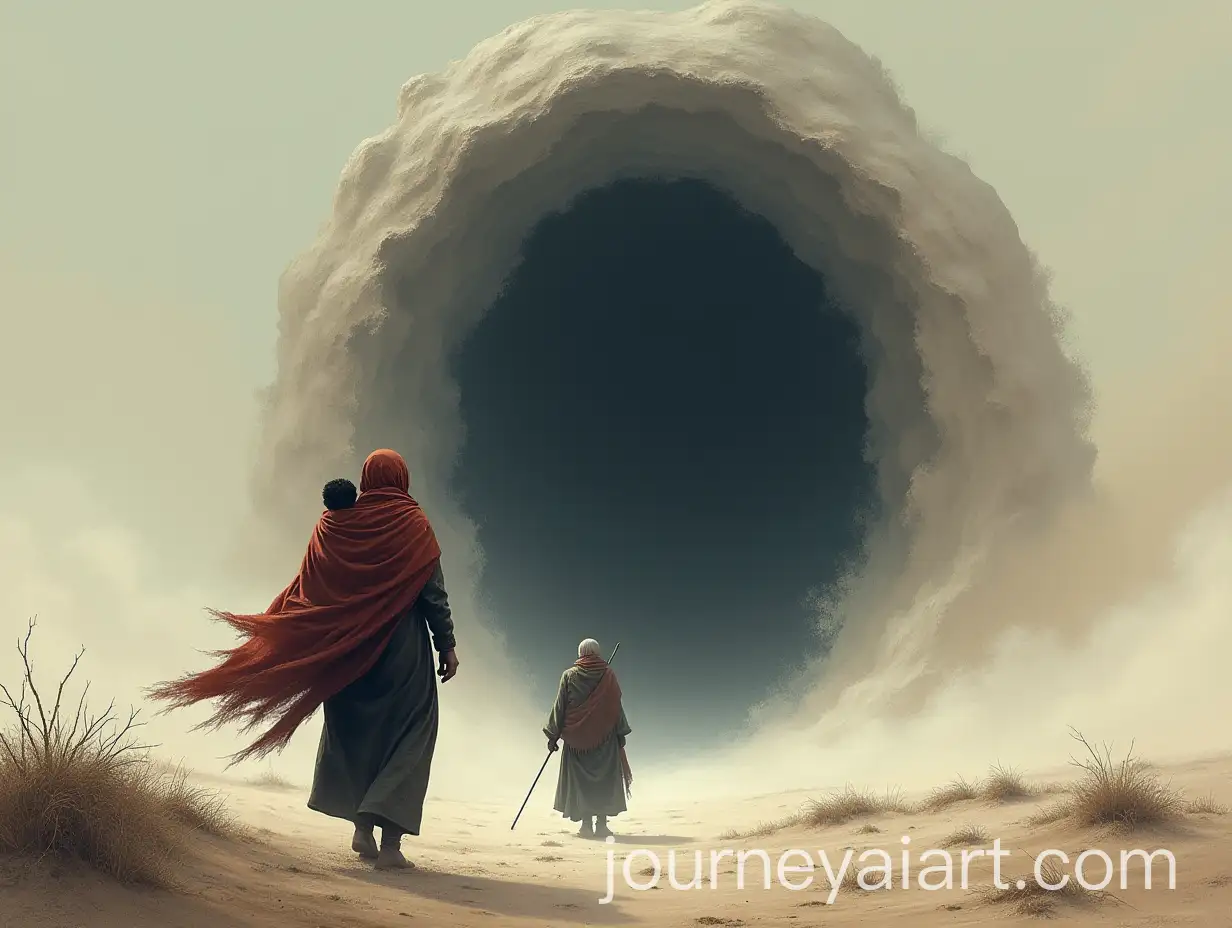 Tajik-Woman-and-Child-Entering-a-Mysterious-Portal-in-the-Desert