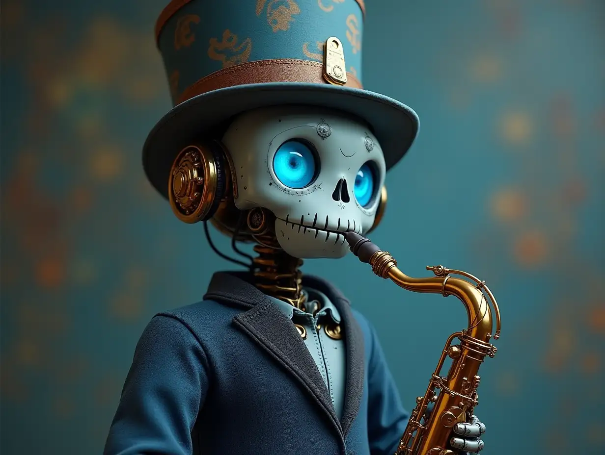 Create a high-resolution, realistic image of a robot with a skeletal body, blue eyes, blue porcelain hands and head, a sweater, a Steampunk top hat and a saxophone standing in 4K resolution (Steampunk 8K quality)