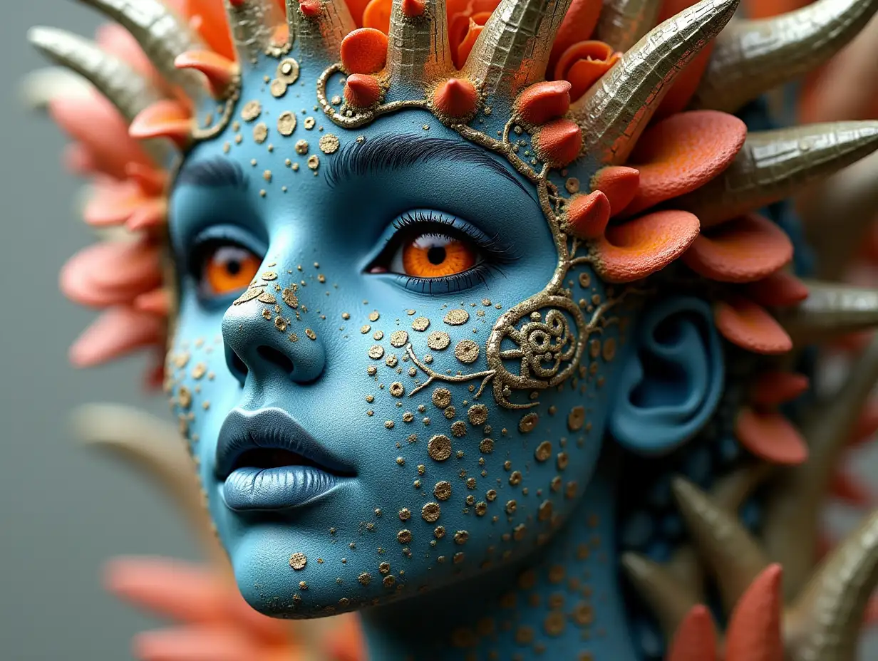 Face with blue Fly AgaricnRoots transformed into building
