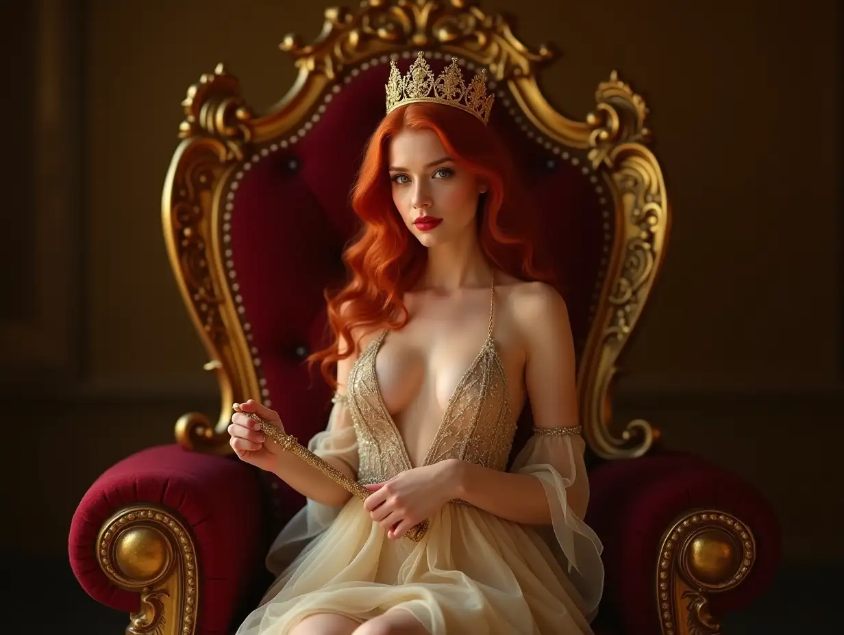 18YearOld-Princess-with-Venetian-Red-Hair-Golden-Crown-and-Scepter-in-Front-of-Throne