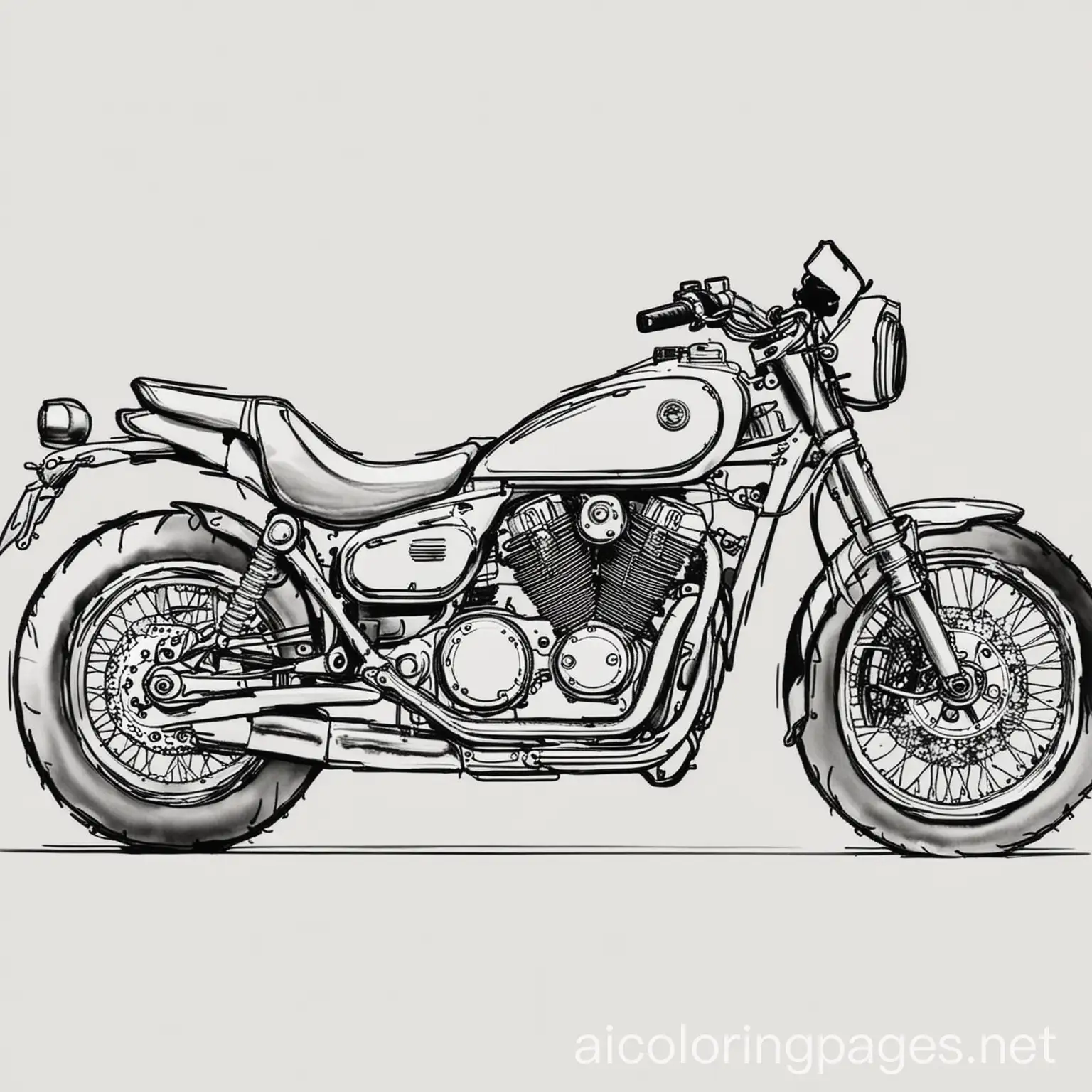 Thin black lines, motorbikes, Coloring Page, black and white, line art, white background, Simplicity, Ample White Space. The background of the coloring page is plain white to make it easy for young children to color within the lines. The outlines of all the subjects are easy to distinguish, making it simple for kids to color without too much difficulty