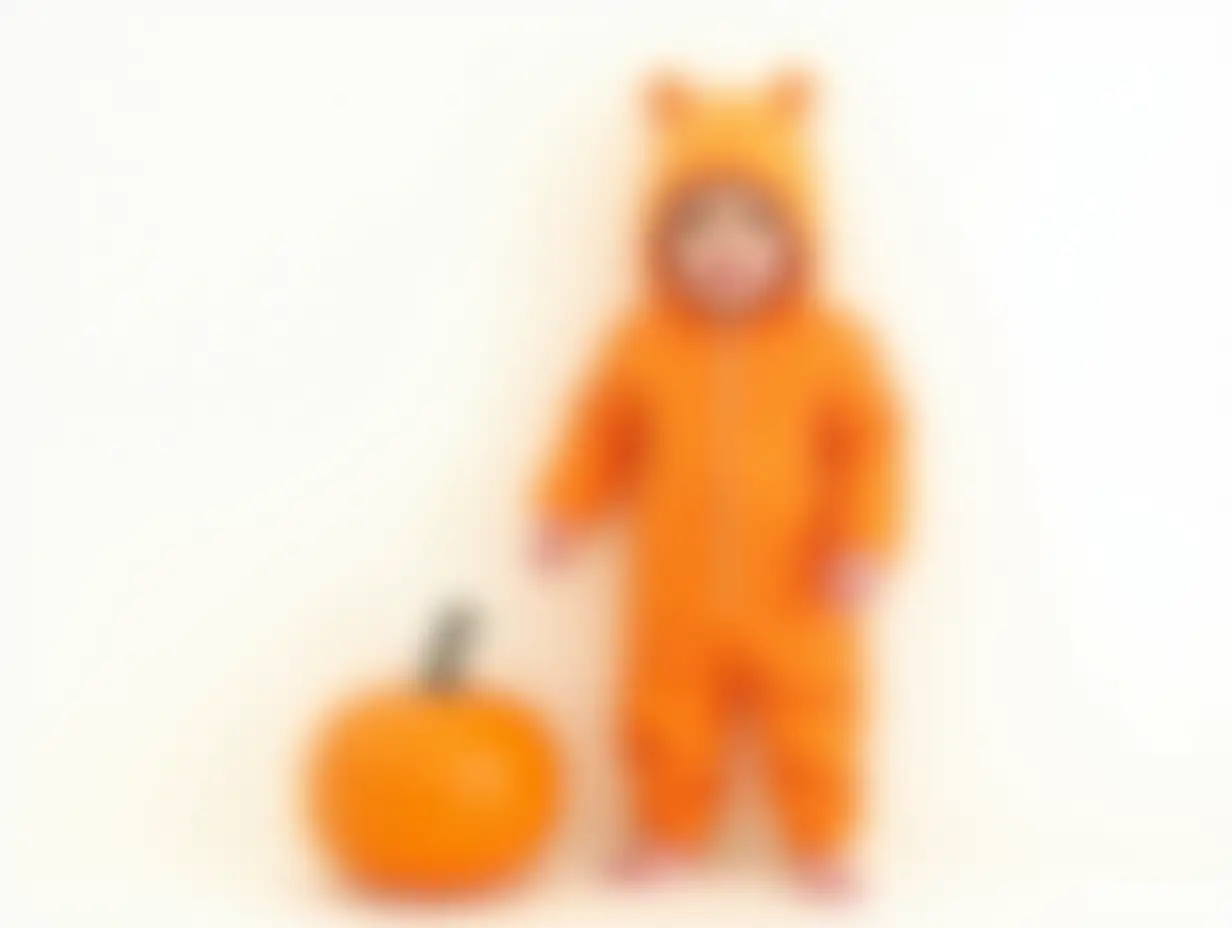 Adorable-Child-in-Pumpkin-Suit-Posing-with-a-Pumpkin