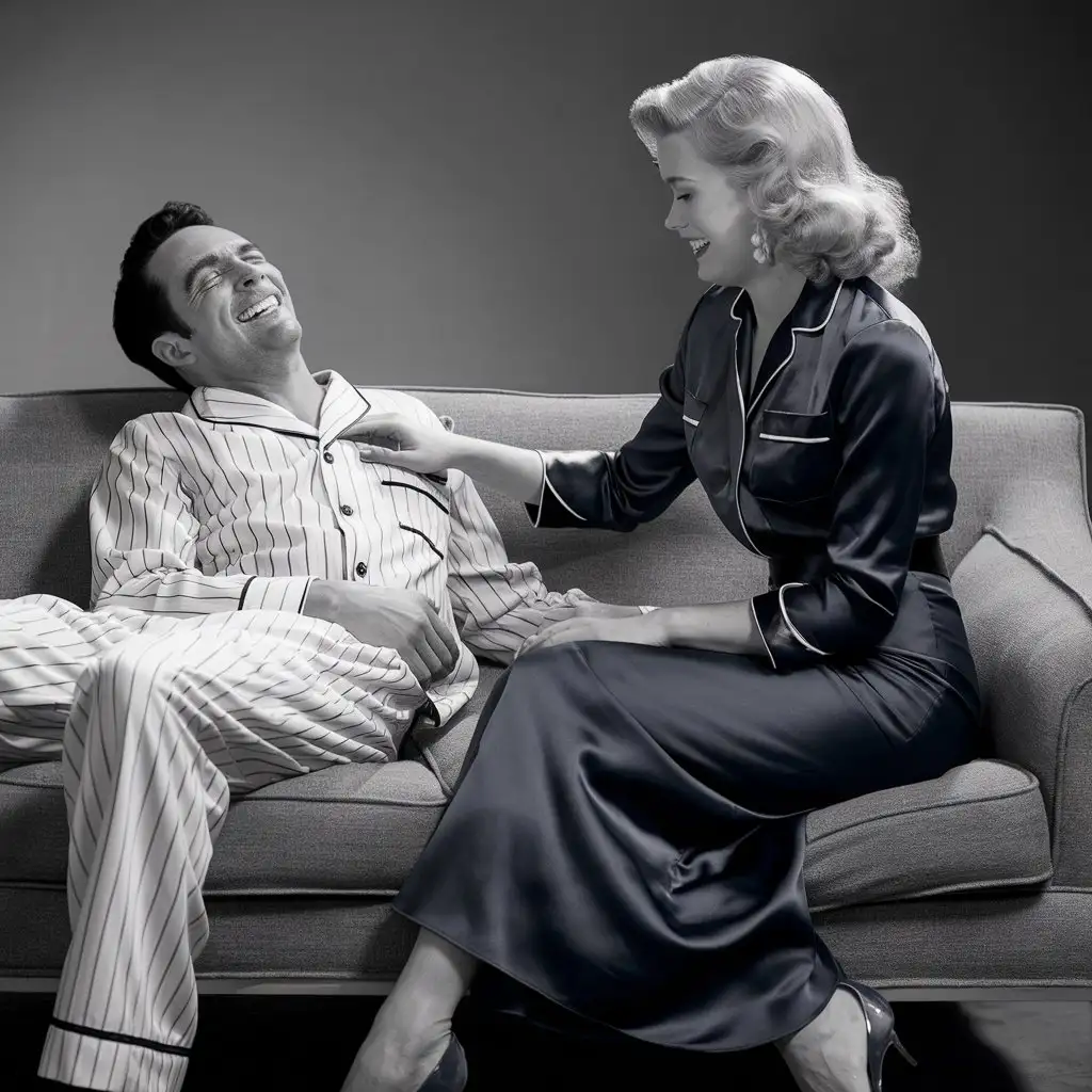 Hilarious-1950s-Comedy-Scene-Man-in-Pajamas-Laughing-on-Sofa-with-Blonde-Woman