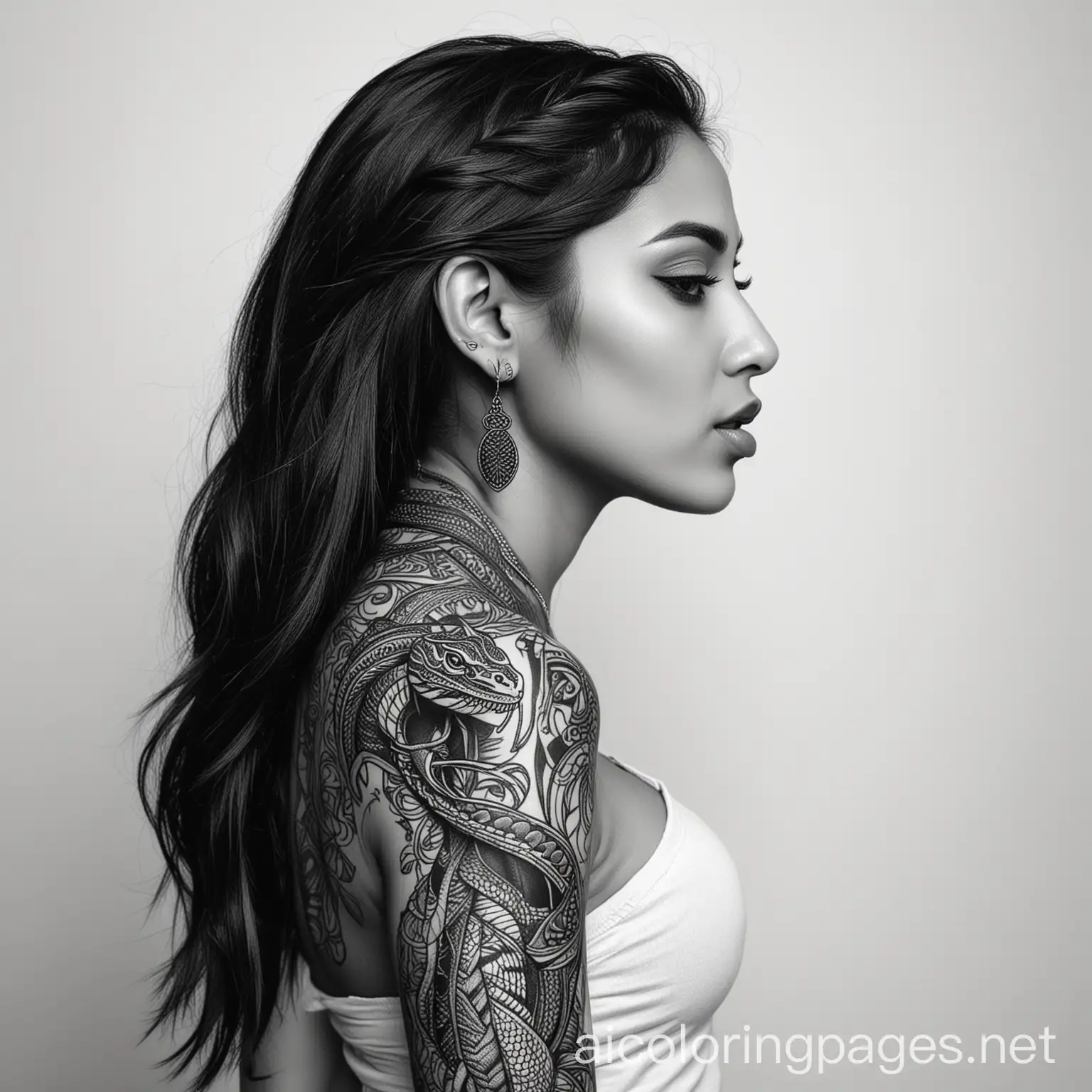 dark beautiful East Indian woman with a king cobra tattoo on her spine, Coloring Page, black and white, line art, white background, Simplicity, Ample White Space
