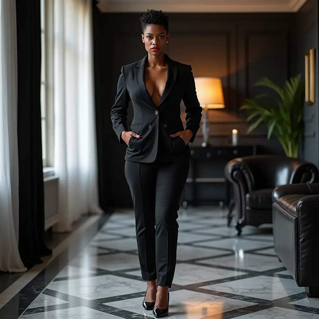 Elegant African American Woman in Chic Black Pantsuit Posing in Luxurious Penthouse