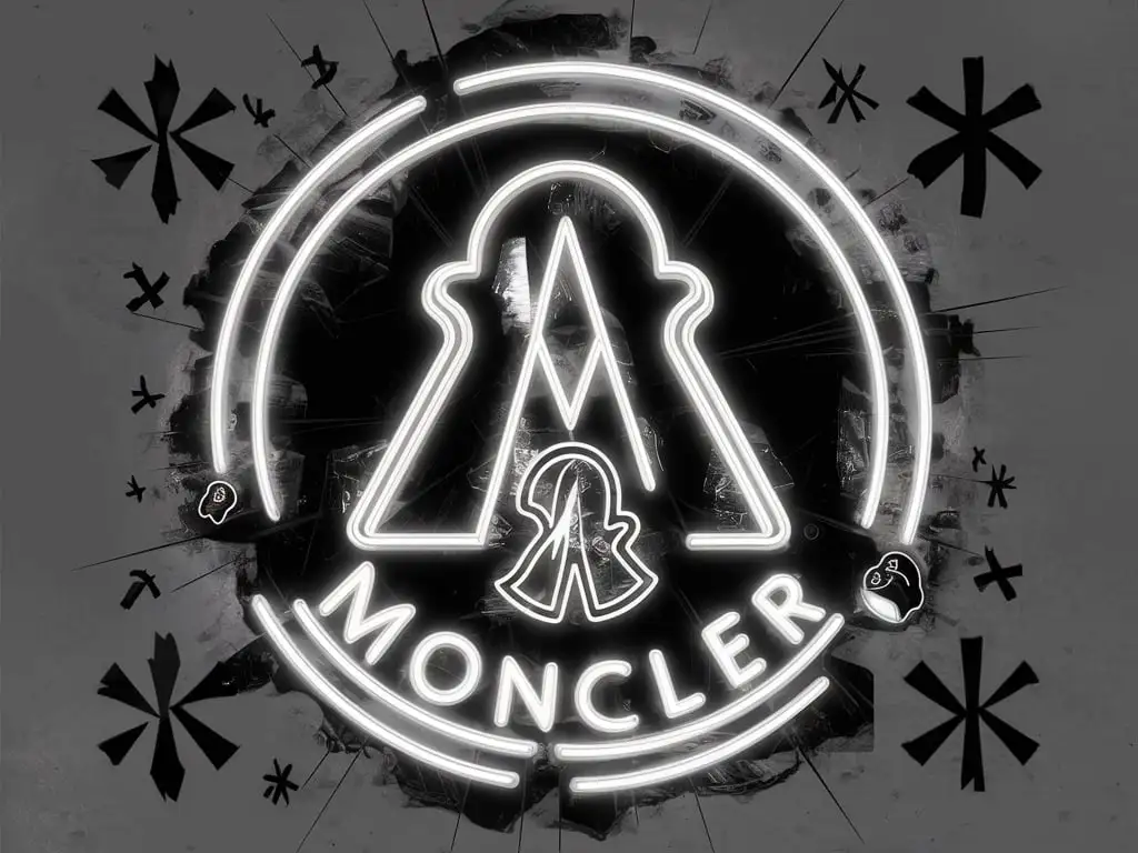 черно белая неоновая роспись Moncler Family. Вокруг росписи будут всякие символы черно белые
