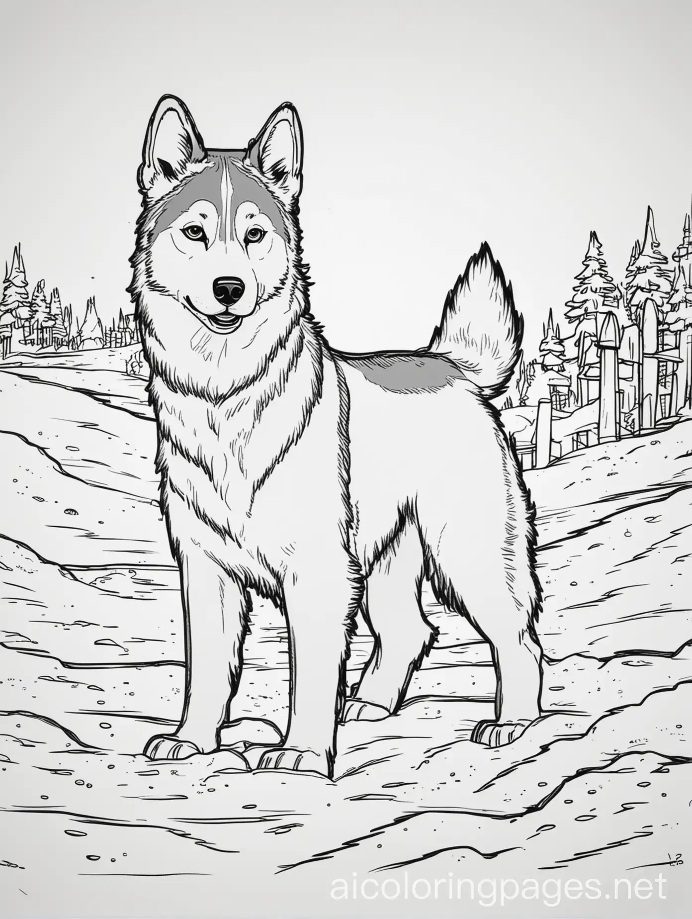 Husky digs the snow, Coloring Page, black and white, line art, white background, Simplicity, Ample White Space. The background of the coloring page is plain white to make it easy for young children to color within the lines. The outlines of all the subjects are easy to distinguish, making it simple for kids to color without too much difficulty