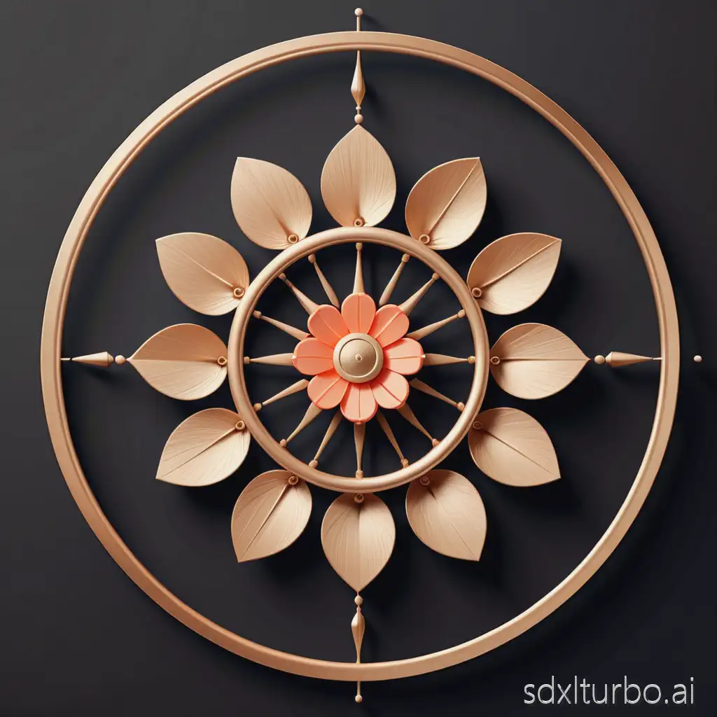 Minimalist premium logo, half spinning wheel (charkha) and half blooming flower, merged seamlessly at the vertical midline.  Left half: 9 thin, elegant spokes radiating evenly, tapering slightly, metallic bronze/wood sheen, not heavy.  Right half: 11 clean geometric petals, soft bezier curves, smooth semicircle, subtle depth, ombre gradient from gold → coral → rose, no clipart feel.  Crisp vector finish, flat modern design, luxury aesthetic, balanced proportions, optical harmony.  Transparent background, no text, scalable, embroidery-ready, editorial brand style.