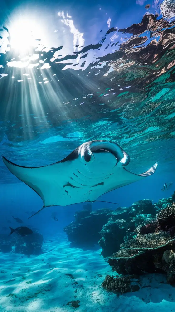 Stunning underwater photograph, Manta ray gliding gracefully in crystal clear turquoise water, sun rays piercing through the surface, creating dramatic lighting, wide-angle shot, coral reef backdrop, vibrant colors, high detail, professional ocean photography, award-winning --ar 16:9 --zoom 1.5 --v 5 --s 750