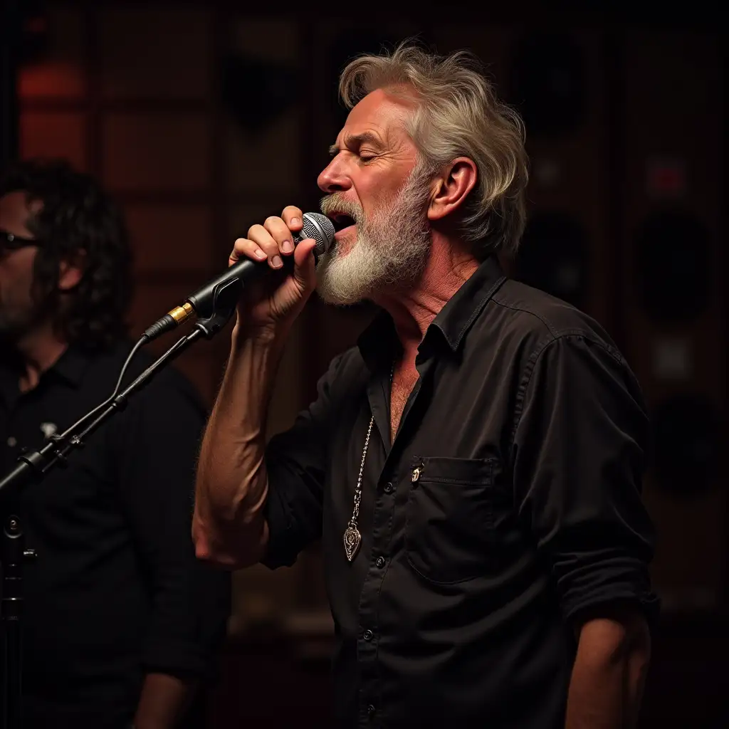 picture of blues rock singer, bearded, old, one hand at the microphone, bar, picture of head and breast