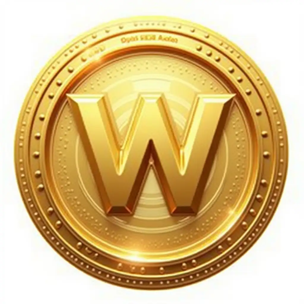 Create a futuristic golden token with a W in the center and no other letters and place on a transparent background when saved as a png