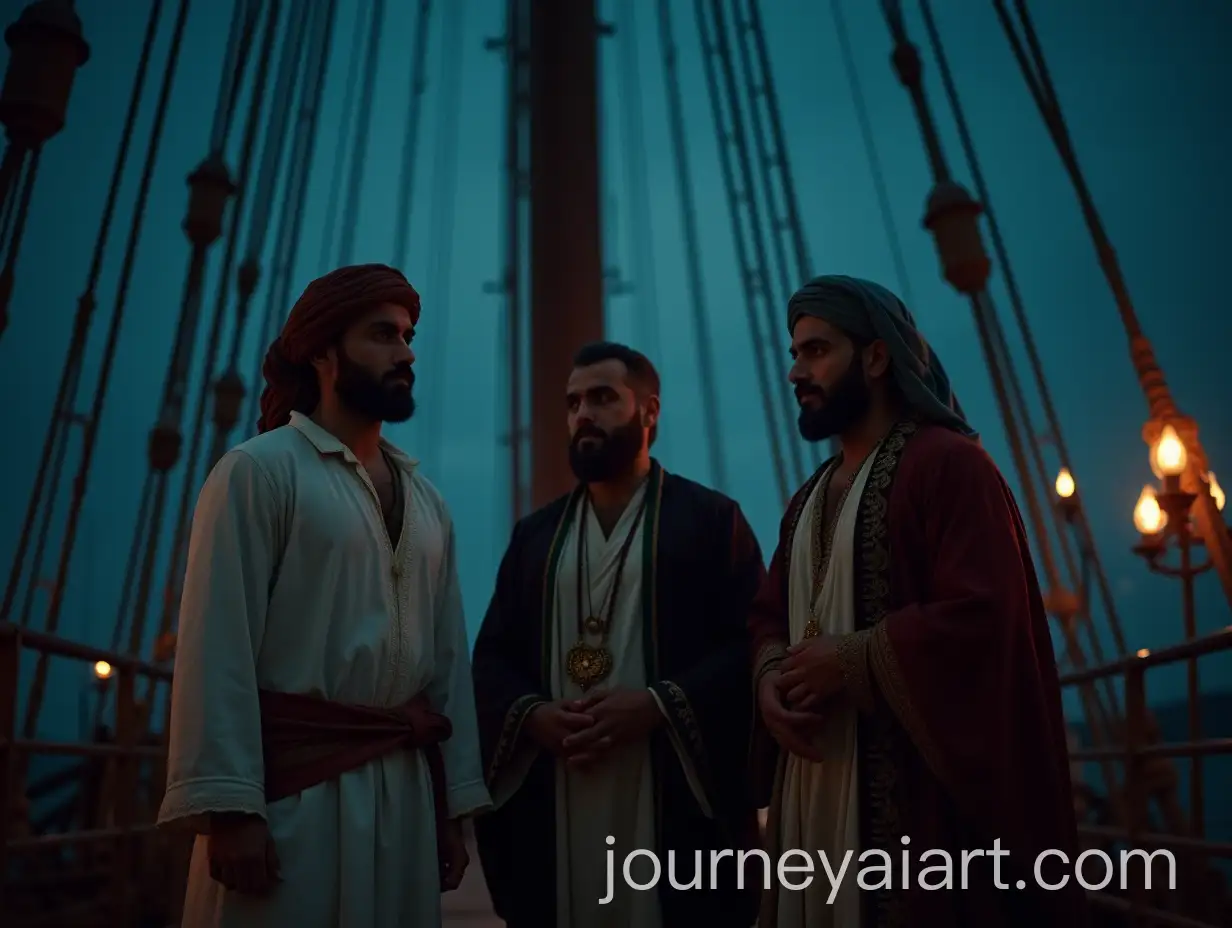 Three-Men-in-Arabian-Nights-Clothing-Standing-on-Ship-Deck-at-Night