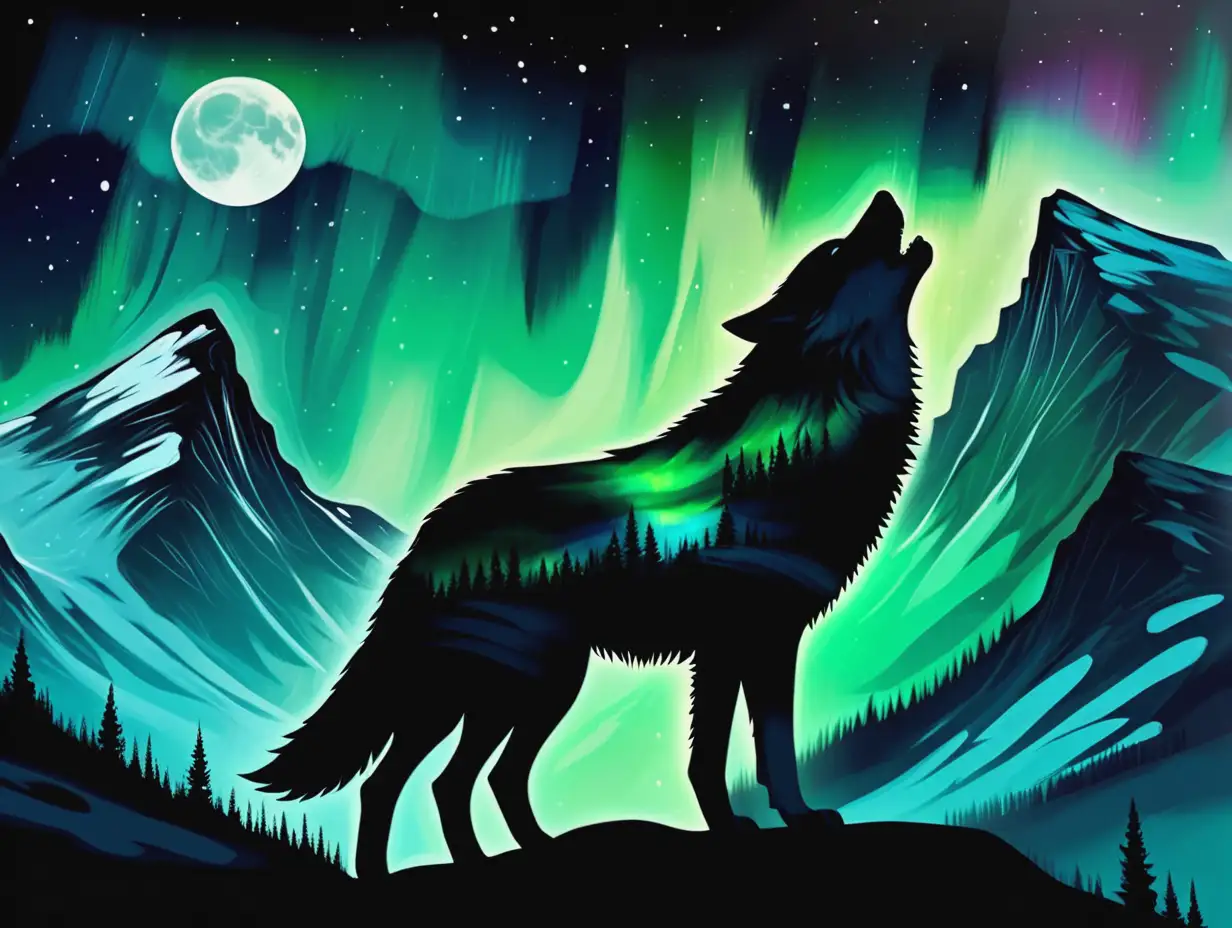 wolf silhouette with northern lights and mountain landscape, howling at the moon,  painting style