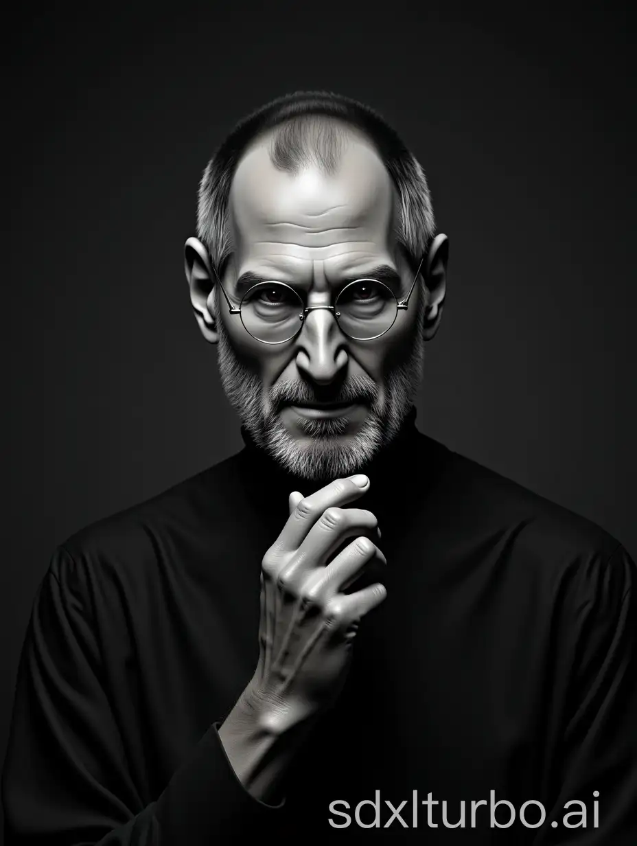 hyper-realistic Steve Jobs, intricate facial features, silver Apple-style apple, precise details, dark grey monochromatic background, minimalist style, subtle gradient, soft focus effect, cinematic lighting, inspired by Apple product photography, dramatic shadows, emotional portrait, subtle wrinkles, minimalist composition, premium product feel