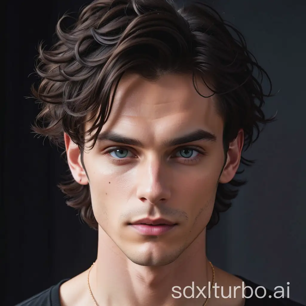 all and lean with sharp, timeless features—high cheekbones, piercing dark eyes. His hair is black as midnight, often tousled, and his skin carries the faint glow of moonlight, pale but radiant.