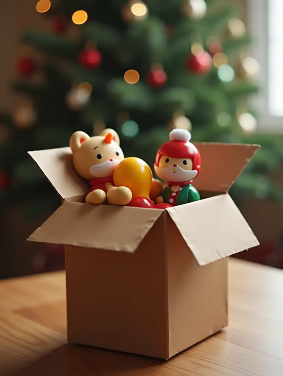 user_prompt: A cardboard box is standing on the table. There are toys in it. In the background, there is a Christmas tree