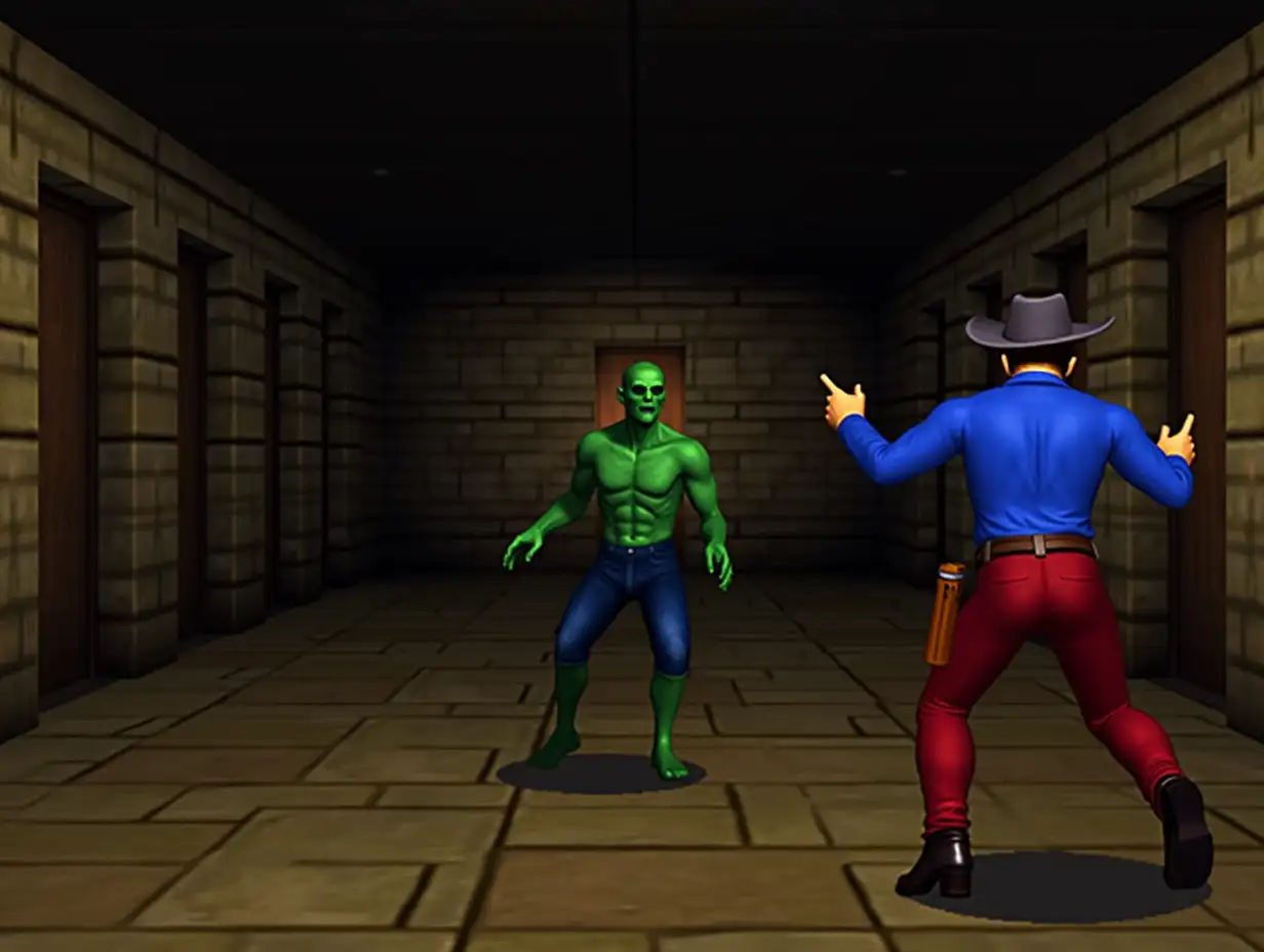 1990s 3D ps1 styled Gameplay screenshot for PlayStation featuring a 3D polygonal characters models of a cowboy in a hat blue long sleeve dress shirt red long pants holster fighting against a zombie in a basement walking towards him 1990s 3D polygonal style video game 3rd person fighting game 3rd person 3D Beat em up 1990s graphics retro style game 3D 3rd person survival horror game 3d 1990s PlayStation Graphics