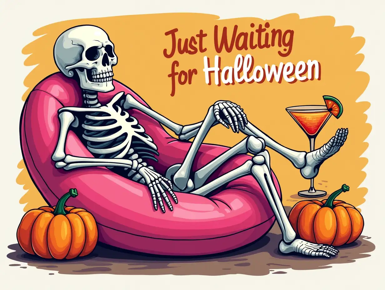 Vector illustration. A skeleton lounging in a pink inflatable chair, surrounded by pumpkins and a cocktail, with the text 'Just Waiting for Halloween' in the background.