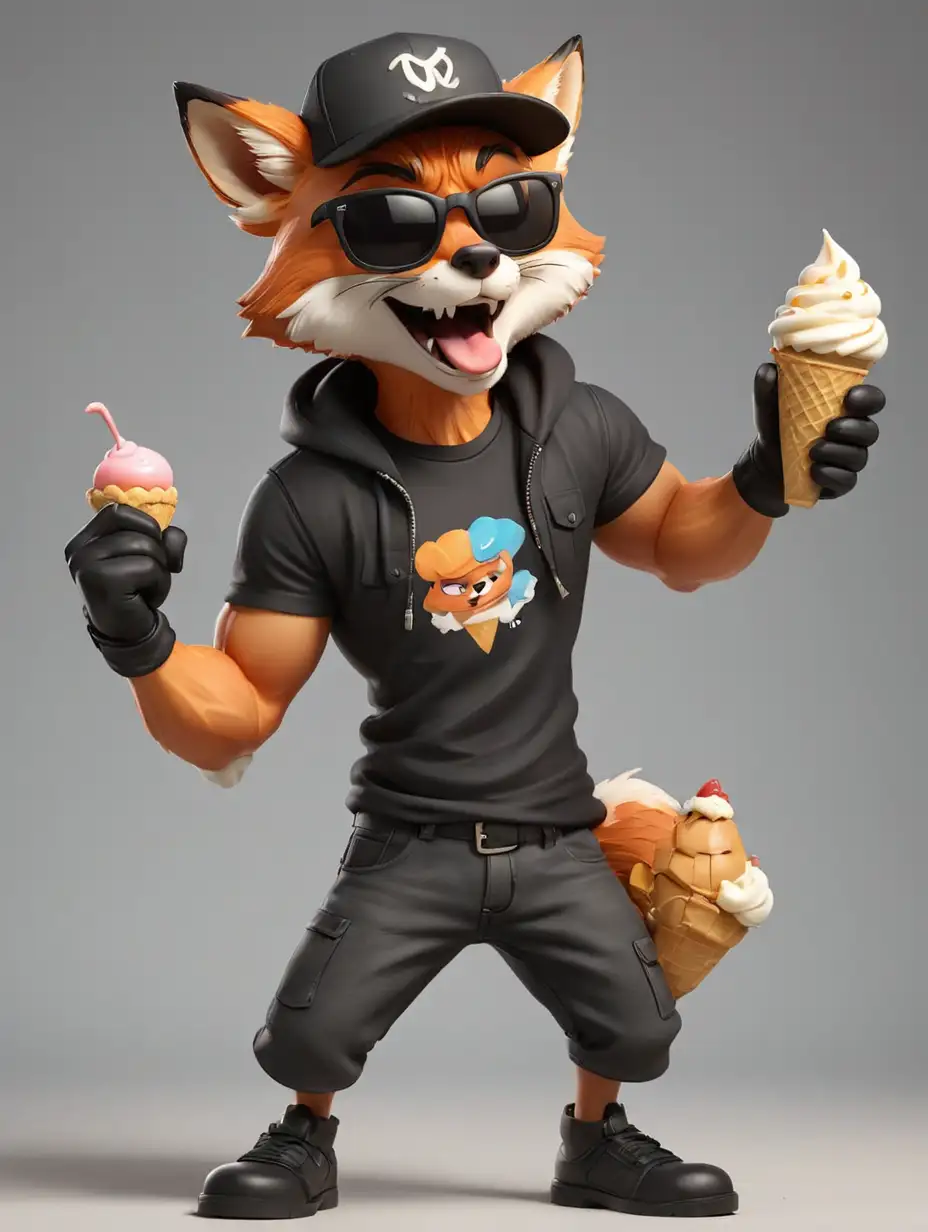 Cartoon Fox Figurine with Sunglasses and Ice Cream Cone