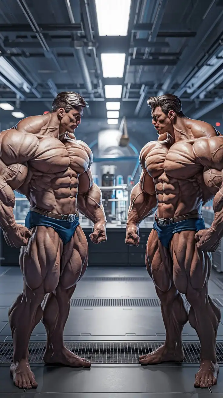 Two powerfully muscled, hugely ripped, pumped musclegod superheroes talk reverently with each other in a futuristic physics lab. 23 years old. Photorealistic.