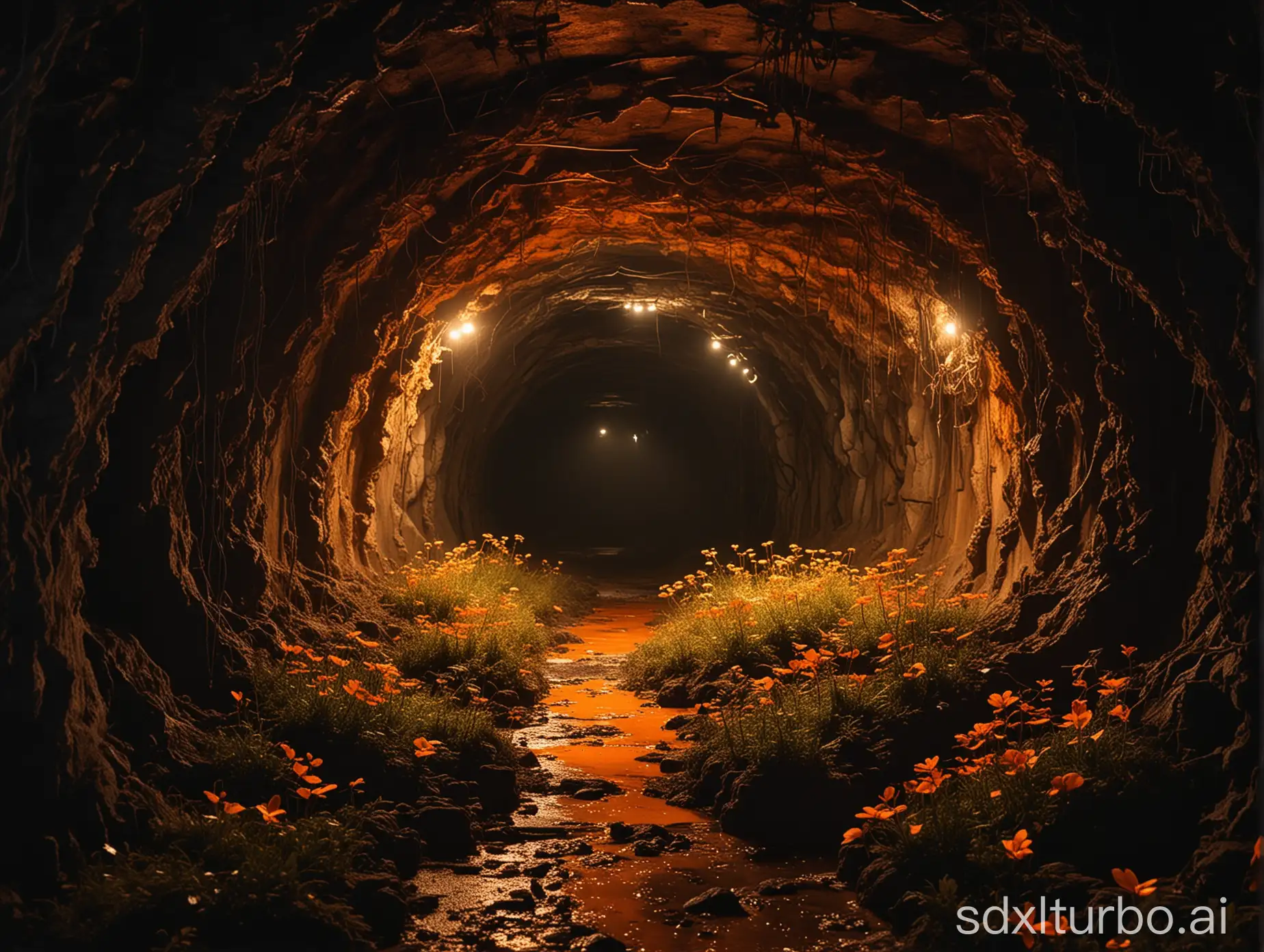 a dark tunnel with an organic ecosystem with glowing orange growing on the rugged floor 