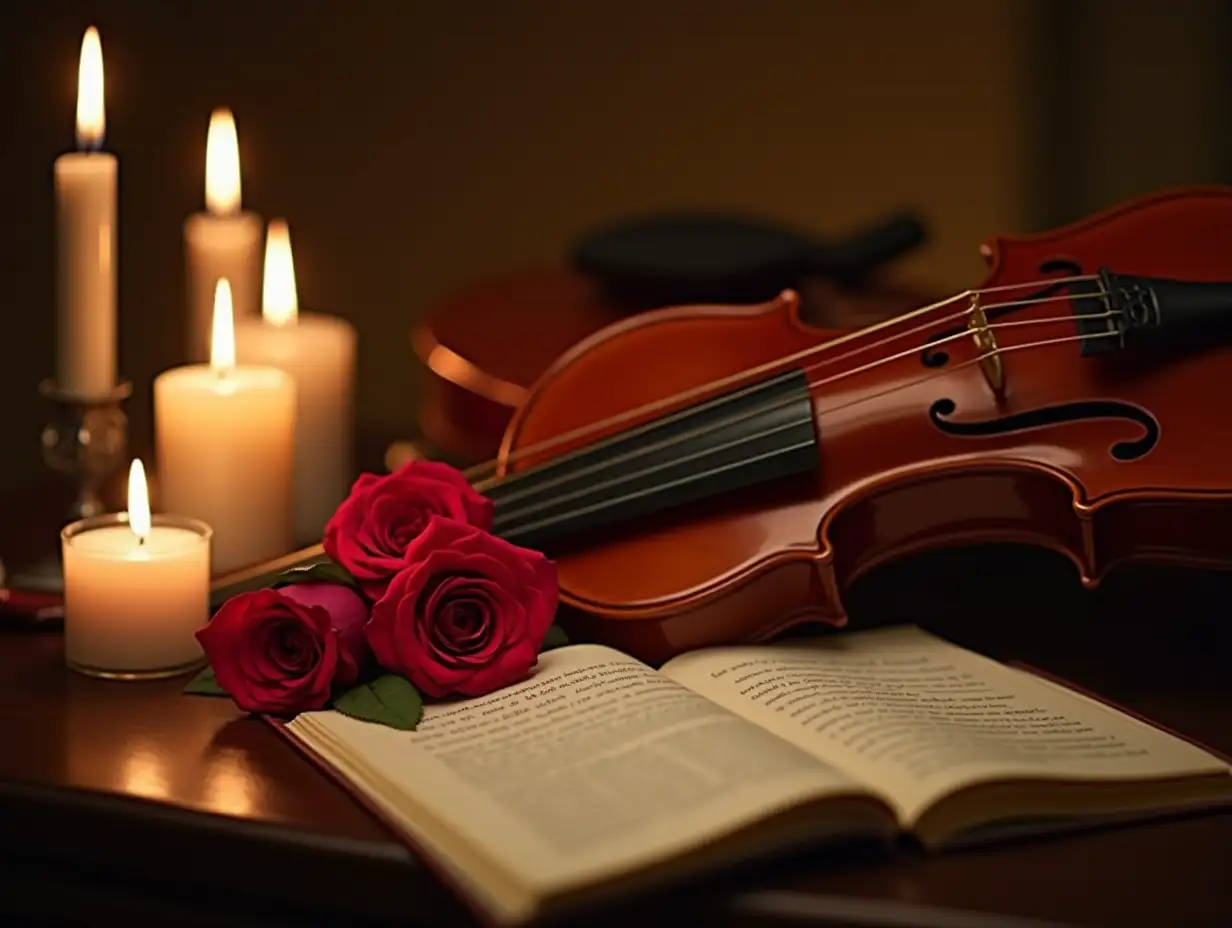 still life violin,three roses, notes,candles