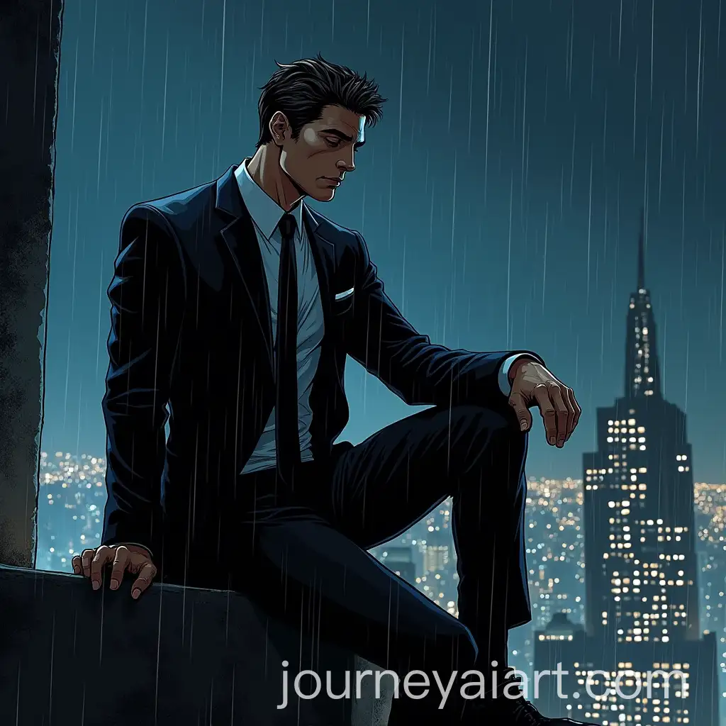 Mark-Grayson-as-Invincible-in-Torn-Suit-Sitting-on-Skyscraper-Roof-During-Thunderstorm
