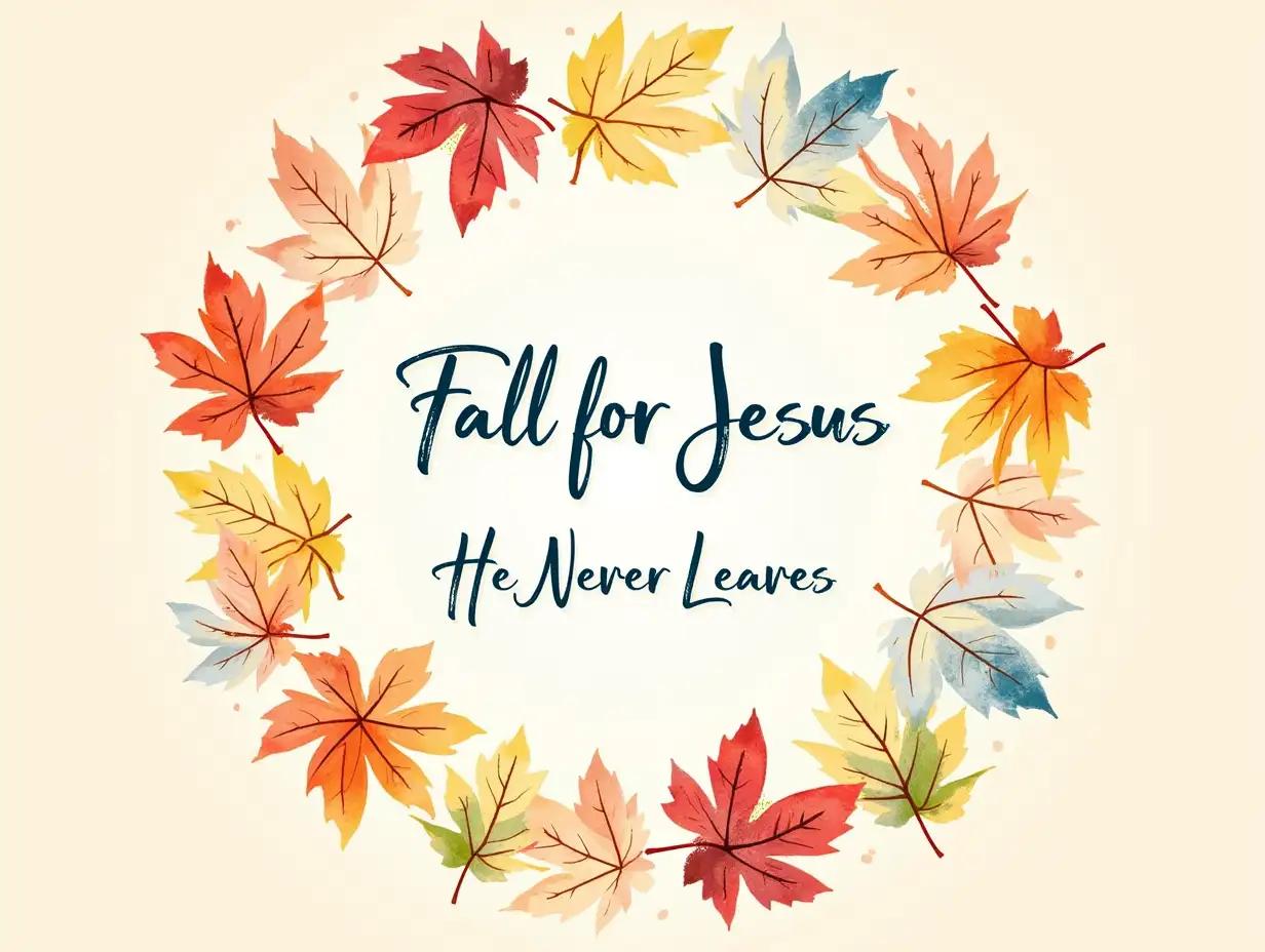 A vibrant autumn scene with colorful leaves arranged in a circular pattern. The leaves are in shades of red, orange, yellow, and green, with blue accents. A circular frame surrounds the leaves, with the text 'Fall for Jesus' written in bold, cursive script. Below the frame, the phrase 'He Never Leaves' is written in smaller, matching script. The image should have a warm, inviting aesthetic with detailed textures and subtle watercolor effects. Elements such as the veins in the leaves, the texture of the frame, and the subtle shading of the background should be clearly visible.