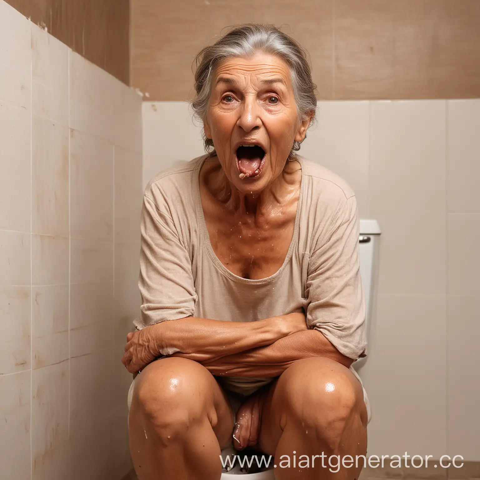 Grandmother-Sitting-on-Toilet-with-Wet-Earth-Coming-from-Her-Mouth