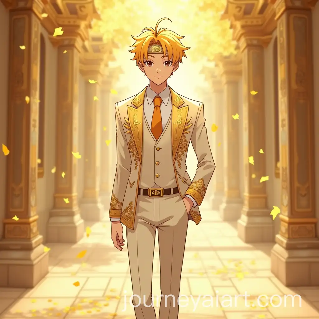 AI-Image-Prompt-ExpansionHandsome-Young-Man-in-Cream-Suit-with-Golden-Accents-in-Ornate-Temple-Hall