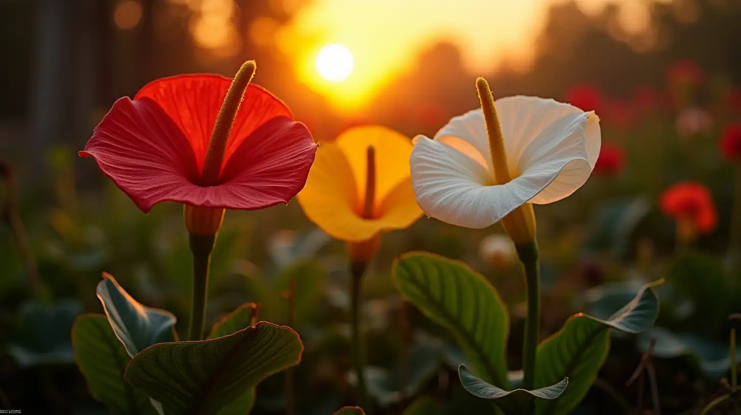 Vibrant Anthurium Flowers in a Neglected Garden at Sunset