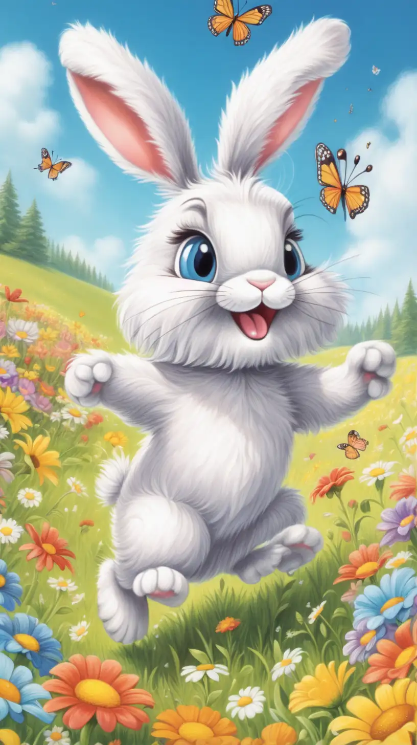 Energetic Bunny Jumping over Meadow with Flowers and Butterflies