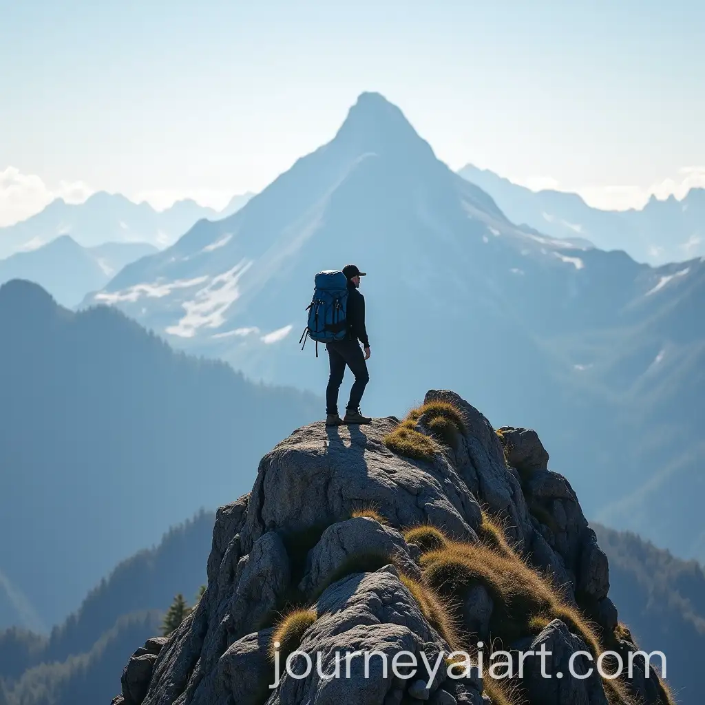 Traveler-Standing-on-Mountain-Peak-at-Sunrise