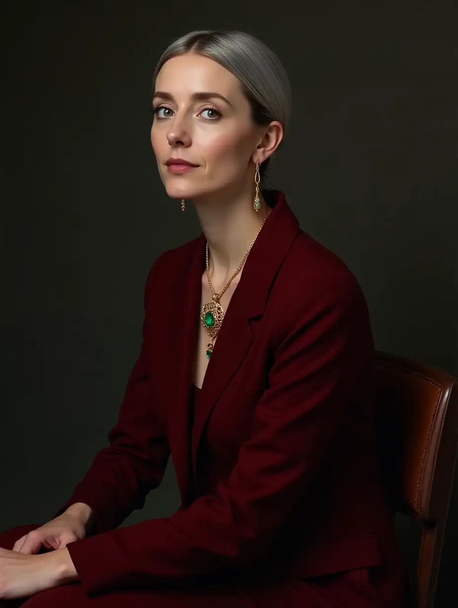 A woman under 40 years old, green eyes, height 160 cm, a medium sized gold chain around her neck with a pendant of alexandrite, earrings - spheres, small ears, short gray hair, sitting on a chair with her back towards us, neat nose, a dark red suit, a ring with an alexandrite stone on her finger