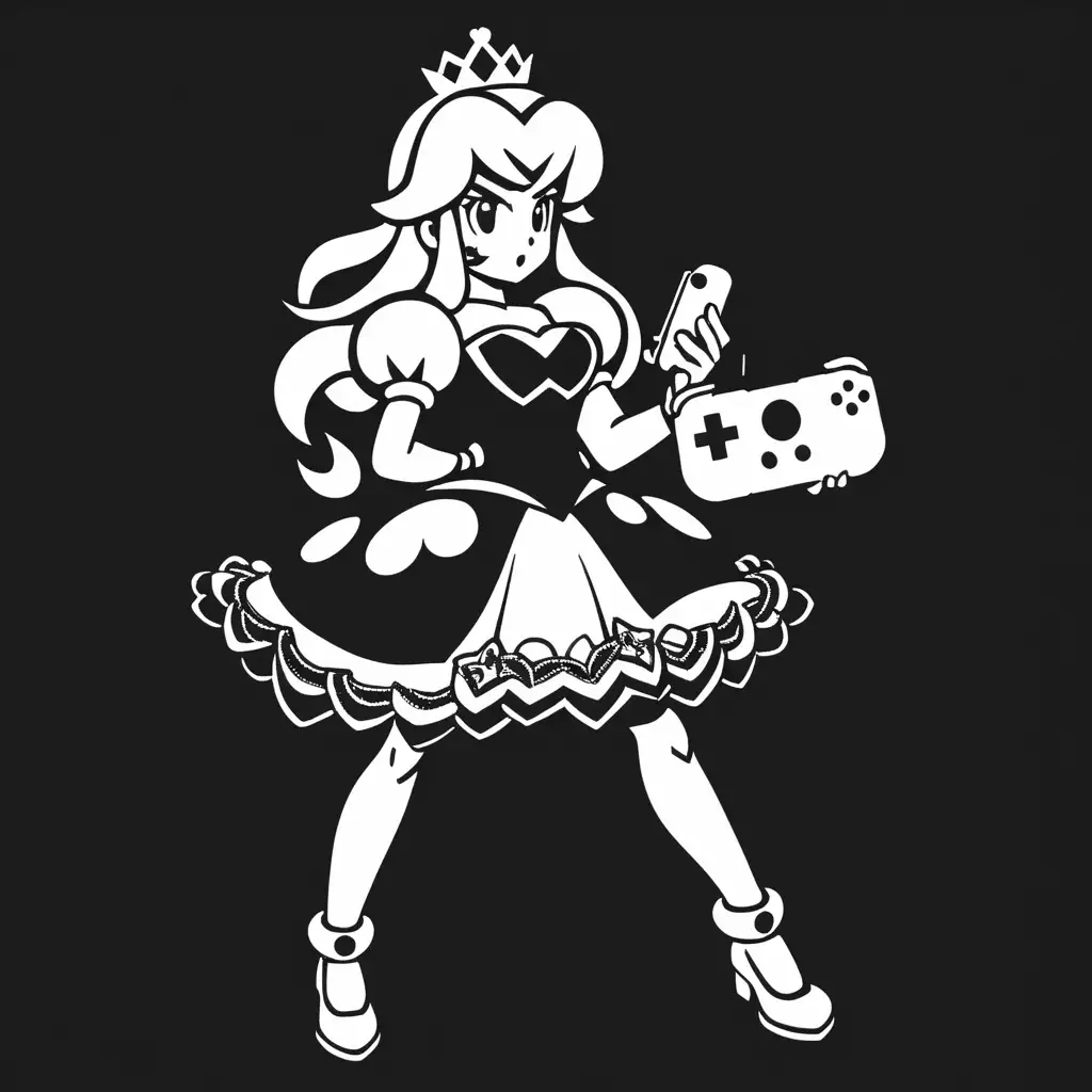 evil princess peach in black and white,, holding a nintendo switch in her hand, black background, high resolution