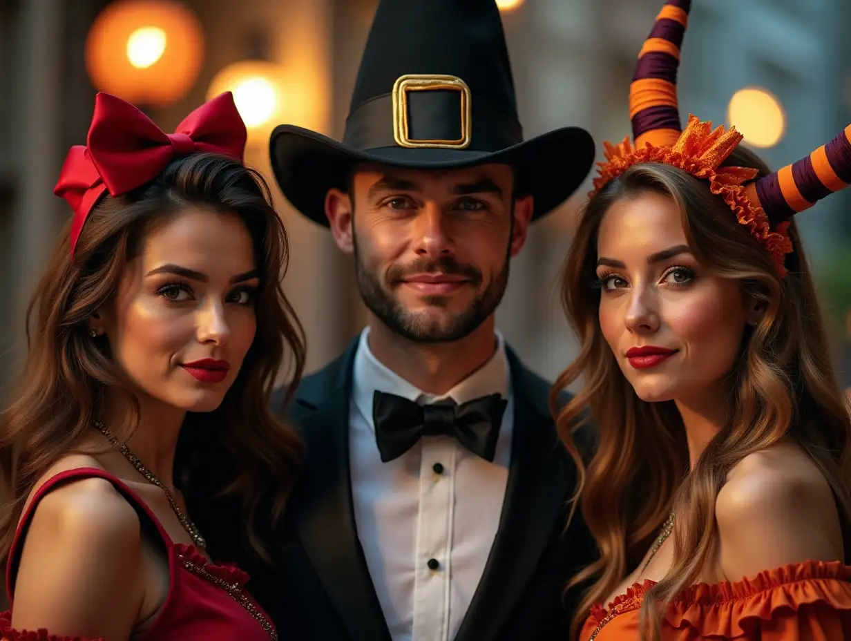 a man and his two girlfriends dressed in halloween costumes