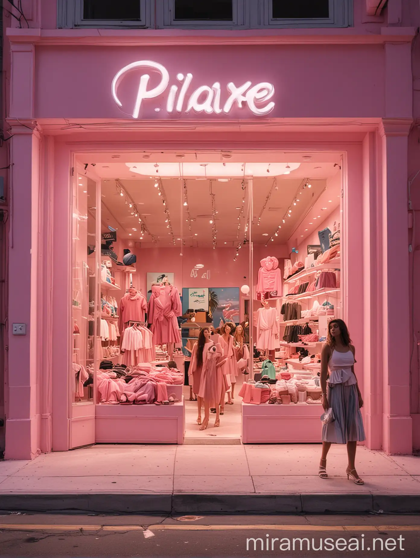 Night Scene Outside a Miami Pink Clothing Store in Pixar Style