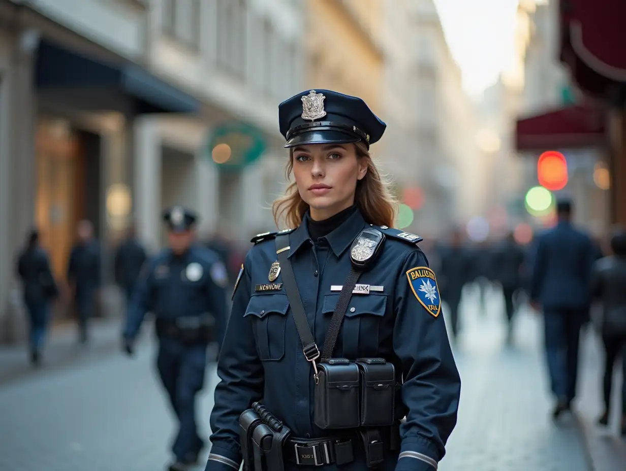 Beautiful policewoman patrolling a sidewalk in a busy street.