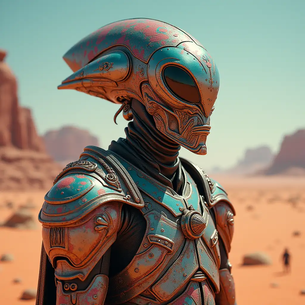 Hyperrealistic portrait of a 10 meter tall gpanzerter metal alien king with the elaborately detailed, colorful desert planet background