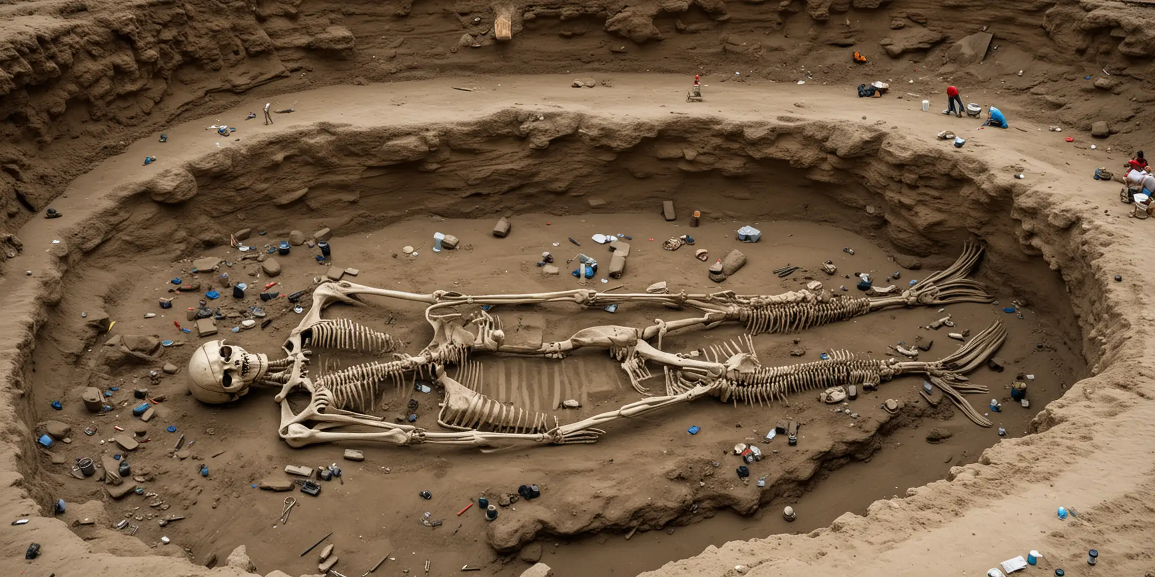 Archaeologist Excavating Giant Mermaid Skeleton