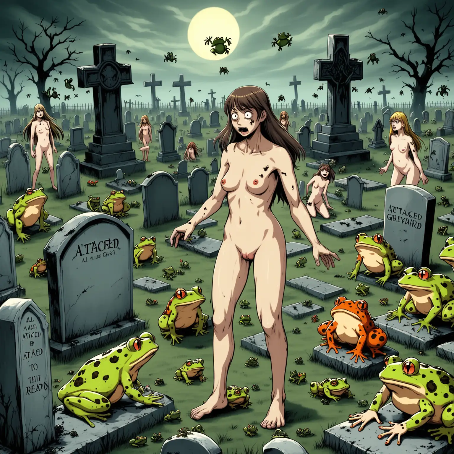 Naked-Man-in-Graveyard-Attacked-by-ToadGirl-Hybrid-Creatures