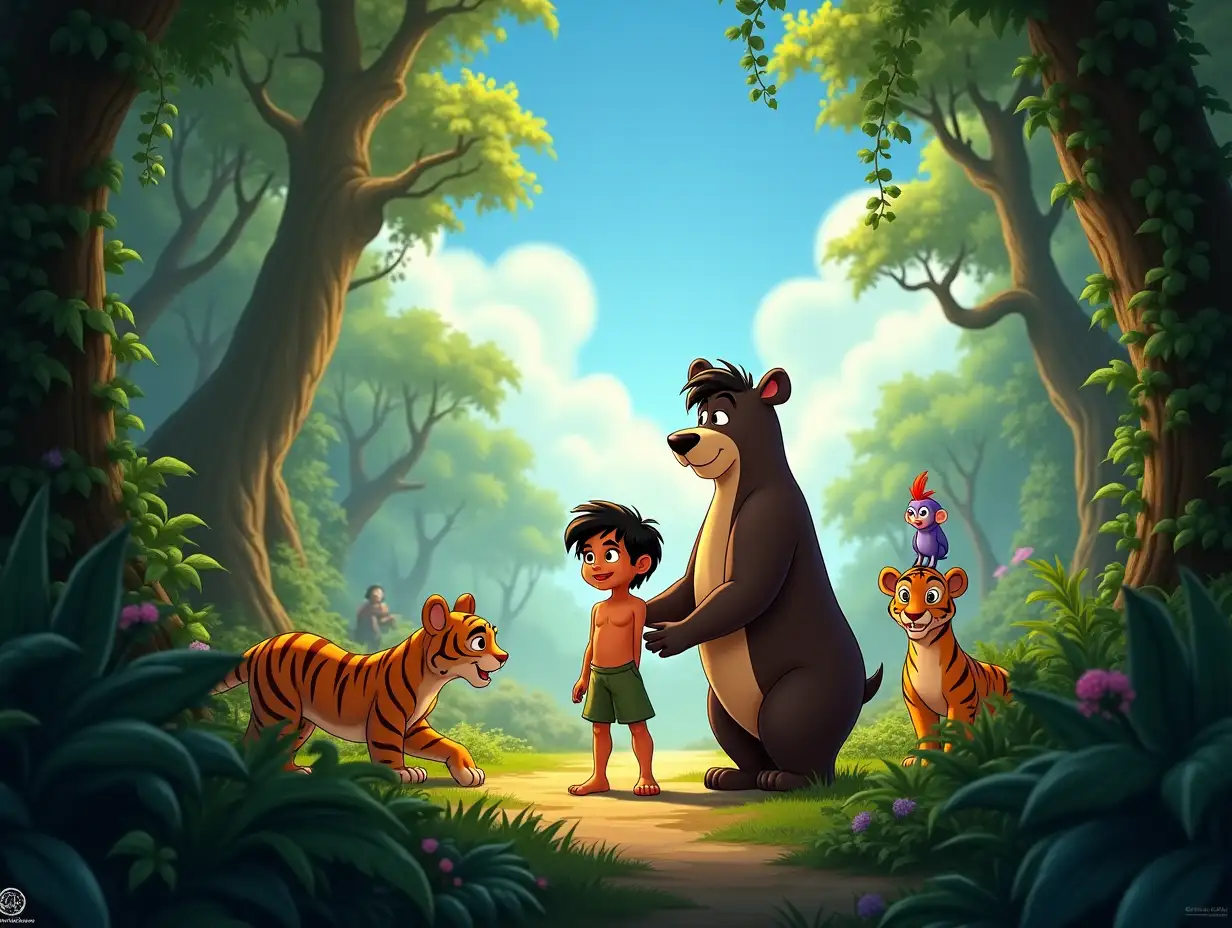 A poster for the Pixar-style animated film The Jungle Book, with an atmosphere full of vivid colors and fantasy details. Mowgli, a young boy in simple clothes, stands in the center of the image. With a brave and innocent face, he is in the middle of a lush forest full of tall trees and green vines. Next to him, Baloo, the kind and funny bear, with a friendly face and a smile on his face, is petting Mowgli. In the background, Shere Khan, a powerful and serious-faced leopard, looks at them from afar, with eyes that warn of danger. Other animals such as tigers, monkeys and colorful birds are seen in a friendly manner around. The forest is full of vivid colors such as green, brown and yellow, and the sunlight shines through the trees to the ground, creating a warm and magical atmosphere. The clear blue sky and soft clouds in the distance blend beautifully with the forest, evoking a sense of adventure and freedom.