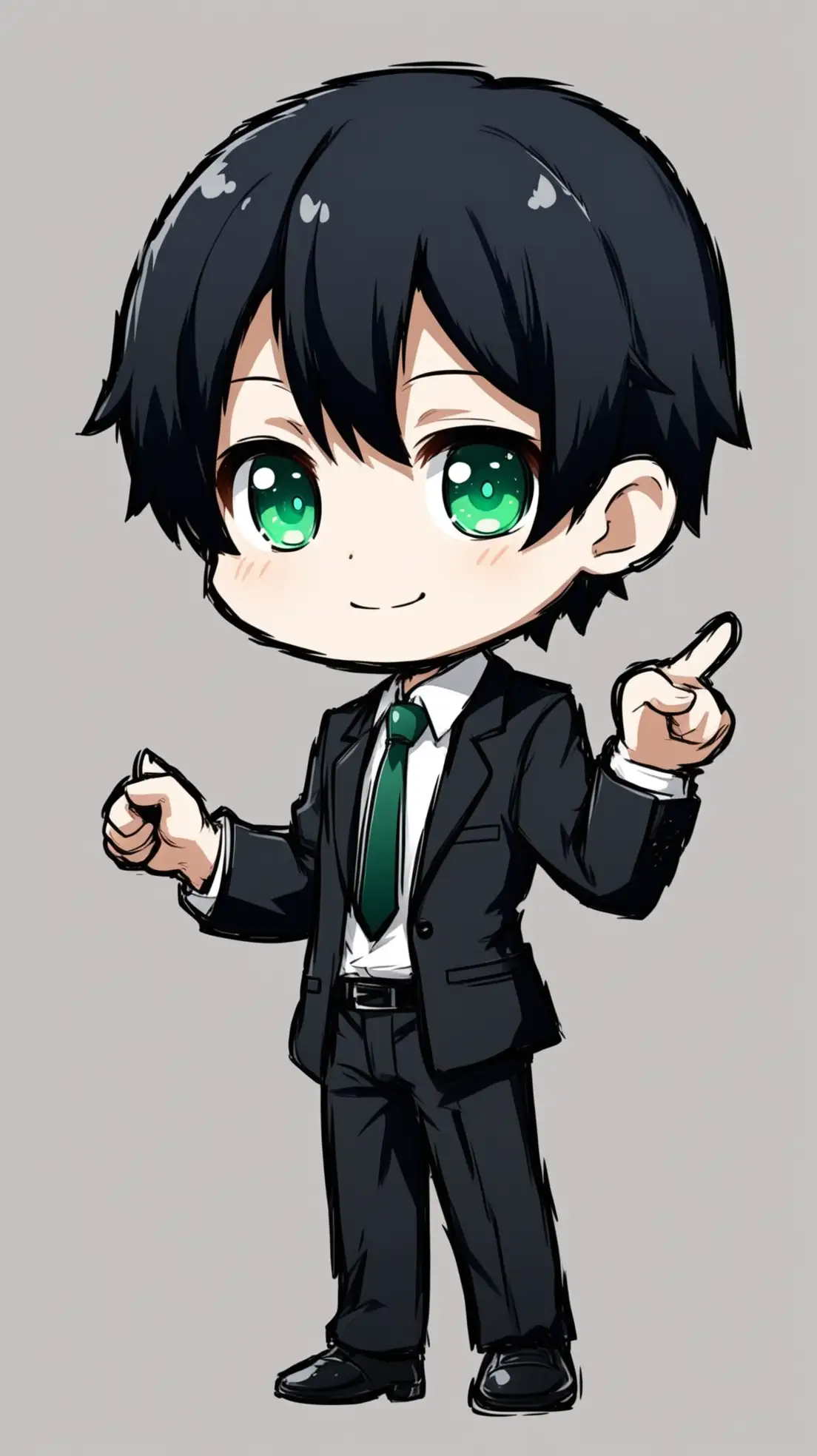 A chibi style anime character, with short black hair, emerald green eyes, and a charming smile. He wears a formal black suit, a white shirt, and a navy tie, with his sleeves slightly rolled up. The character has a cute petite body with a large head proportion typical of the chibi style. He stands confidently with his right hand raised as if pointing at something to the side. The background is minimalist, with soft and light colors, allowing the character to be the focal point. Anime Drawing Style, Chibi