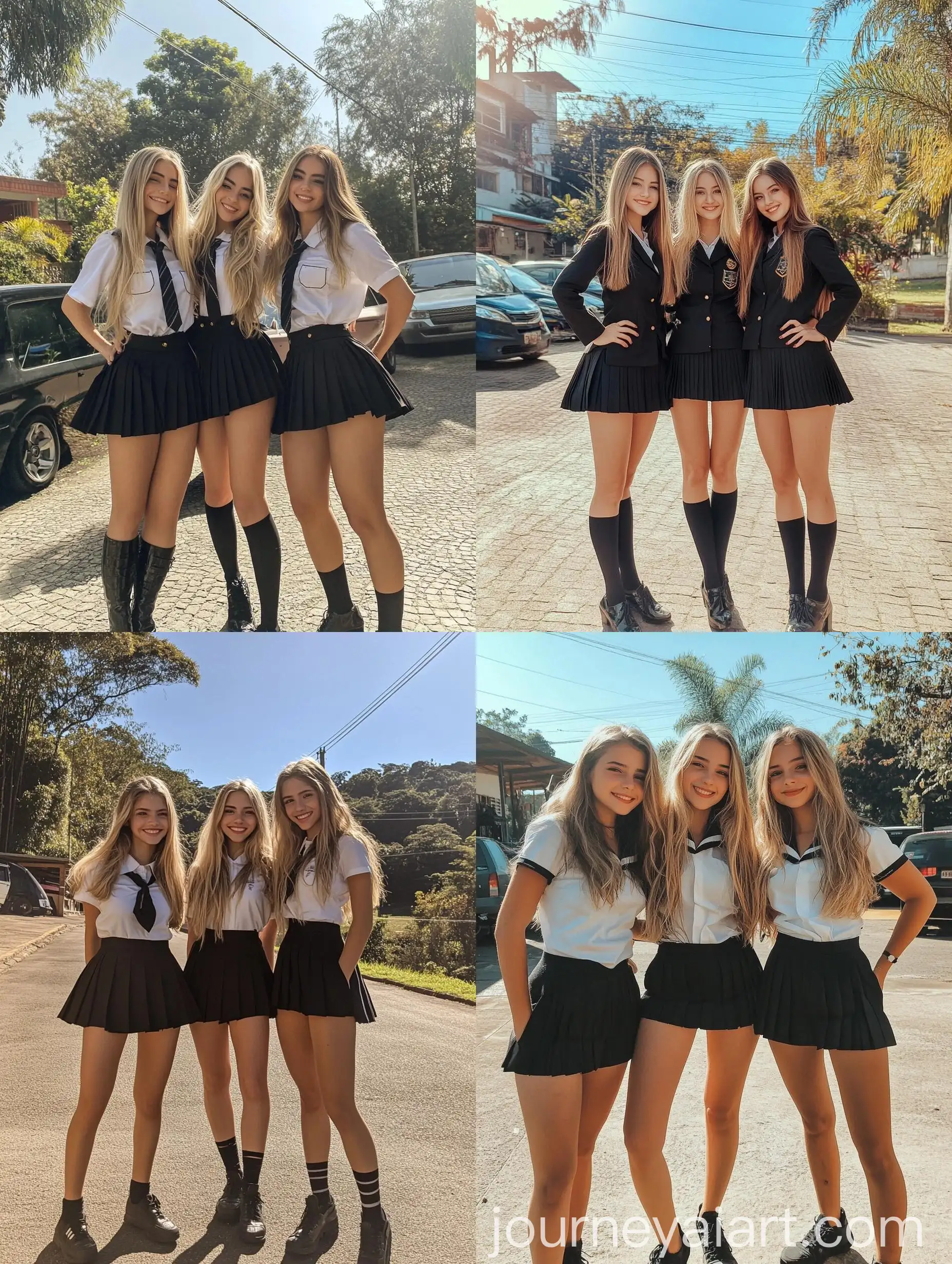 Three-Young-Women-in-School-Uniforms-Posing-with-Sunny-Day-Vibes