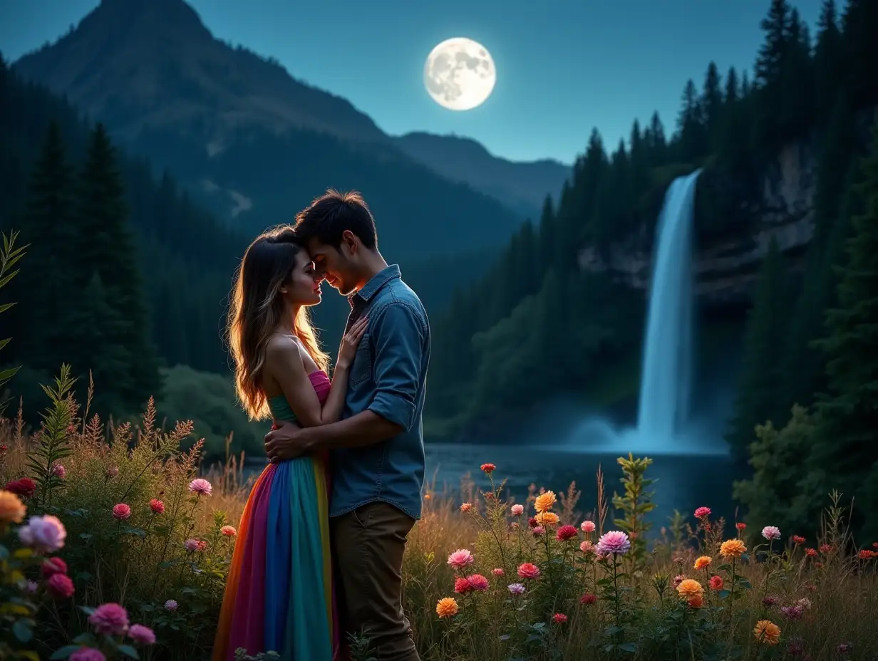 Couple in deep love hugging in forest in night. Bright Moon in sky. forest full of colourful flowers & roses. Mountain with tall water fall on right of couple. Girl dressed in rainbow dress, man in casual.