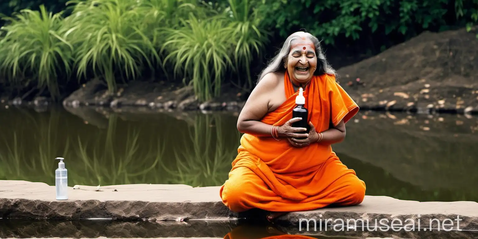 Elderly Indian Hindu Monk Woman Laughing and Doing Squat Pose by Pond Shore