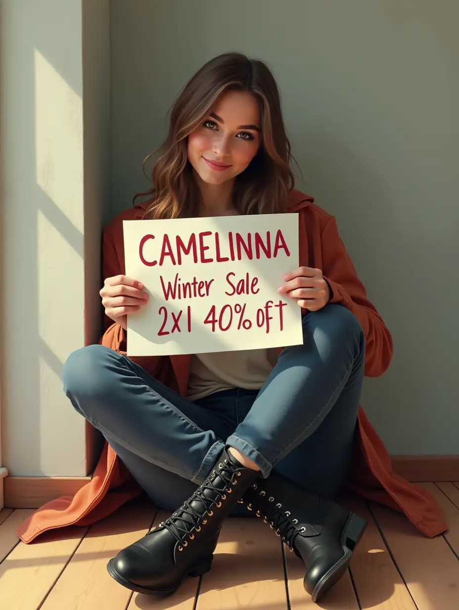 Make me a realistic image of a young university student sitting on the floor wearing black ankle boots and holding a sign that says: 'CAMELINNA', on another line 'Winter Sale' on another line 2X1 or 40% OFF