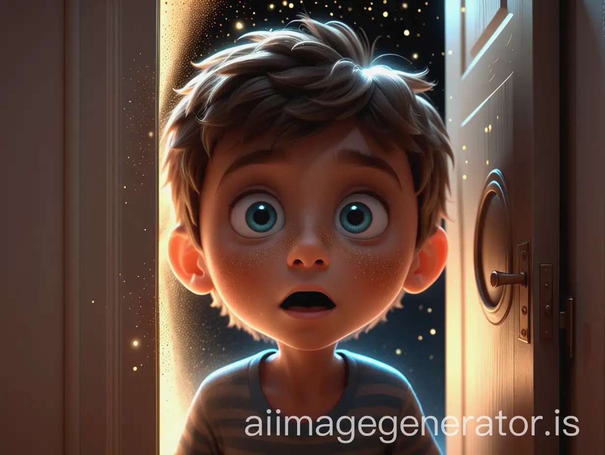 3d animation, cartoon curious young boy named Sami peeking through the glowing door, his eyes wide with wonder, dust particles floating in the air around him. (*)