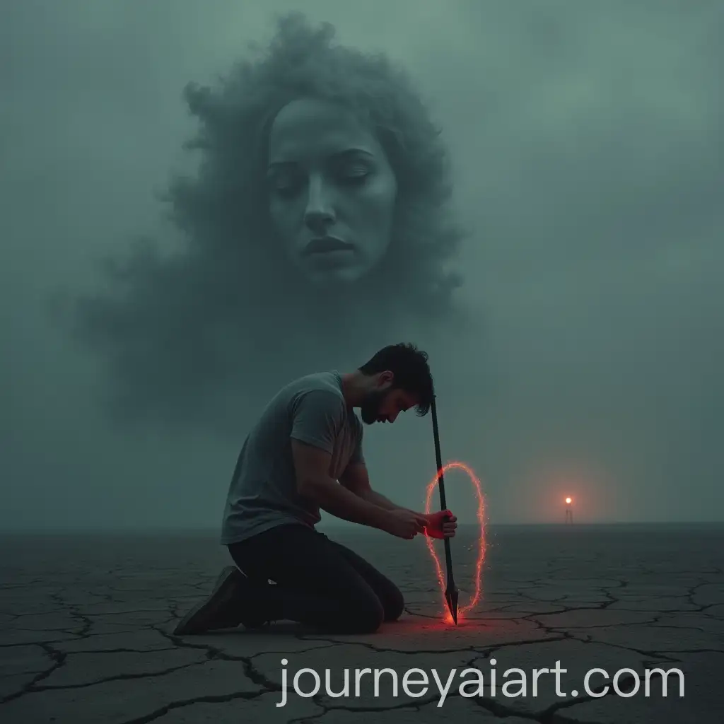 Man-in-Agony-Holding-Spear-with-Heart-Overcast-Sky-with-Mysterious-Womans-Face